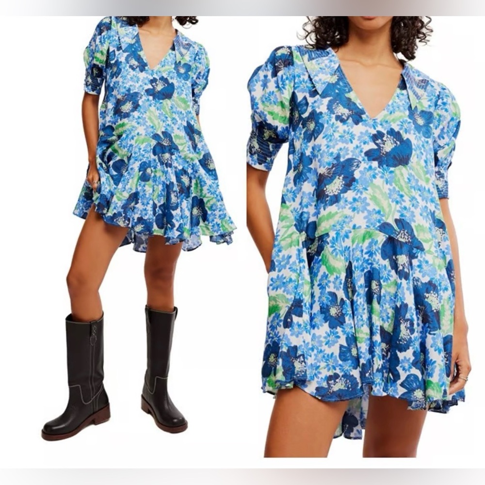 FREE PEOPLE Moon Chaser Mini Dress / Bright Blue Combo size L NWT loose fit